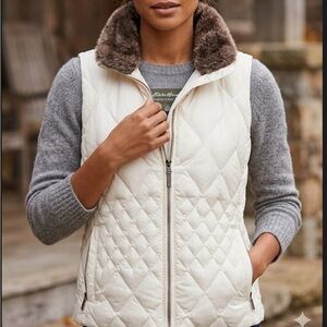 Eddie Bauer Quilted Cream Vest with Faux-Fur Collar